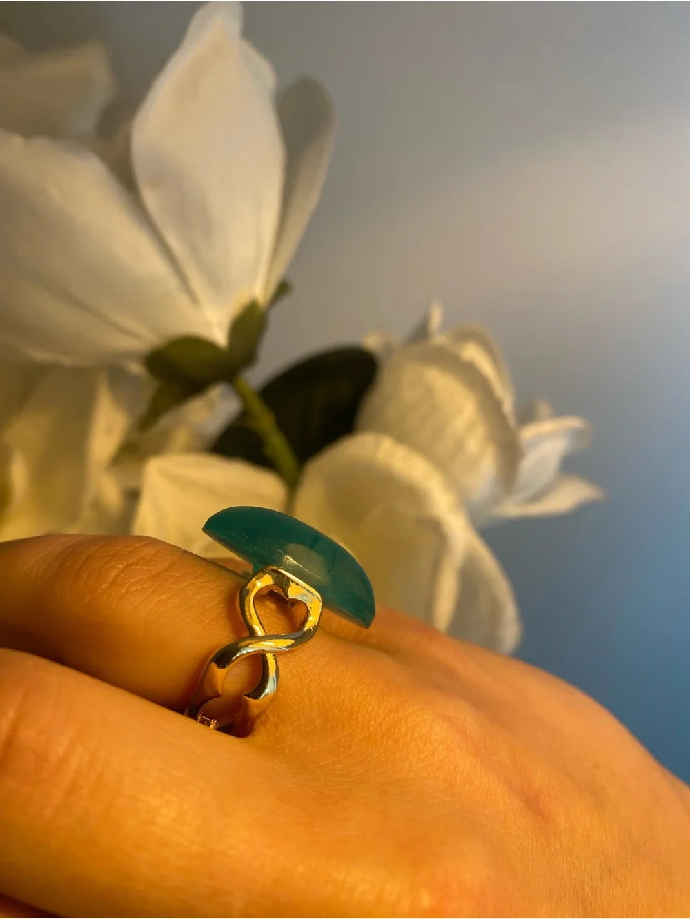 Gold-Tone Green emerald like Gem Chain Hand Bracelet + ring/NWOT
